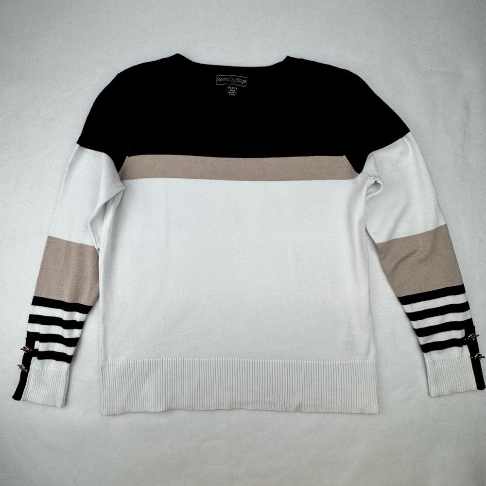 Sienna Sage Black Beige White Striped Petite M Pullover Sweater Sleeve Buttons